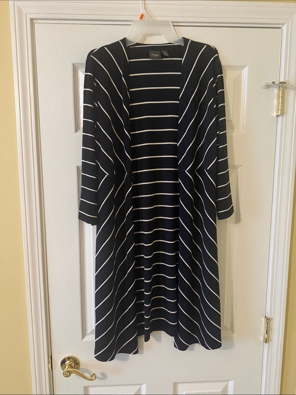 Chico's Traveler’s Navy and White Striped Open-Front Cardigan